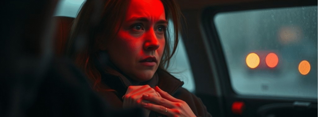 Worried woman riding in a dark car amid rideshare safety concerns
