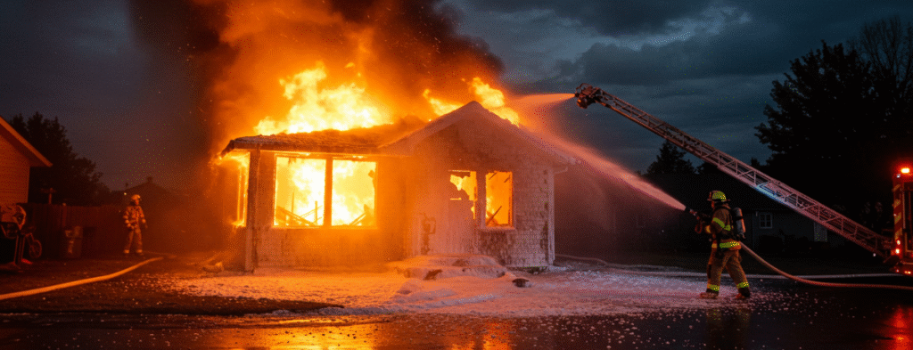 Firefighters battling a house fire on a night with heavy flames and smoke