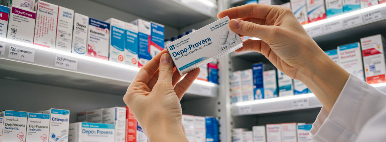 Pharmacist holding a box of Depo-Provera in front of a shelf stocked with medications.