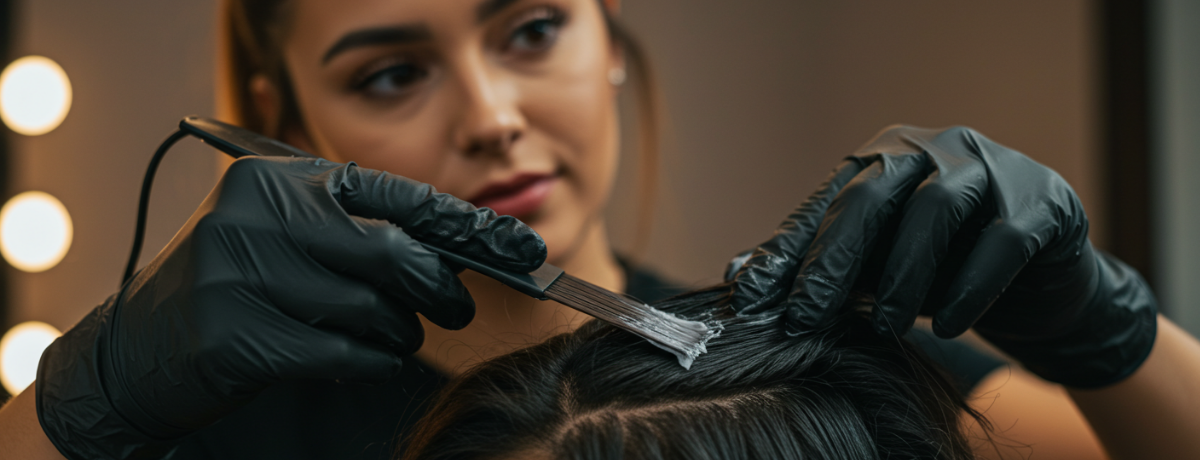 Hairdresser applying cream to a client’s scalp using a brush while wearing black gloves.