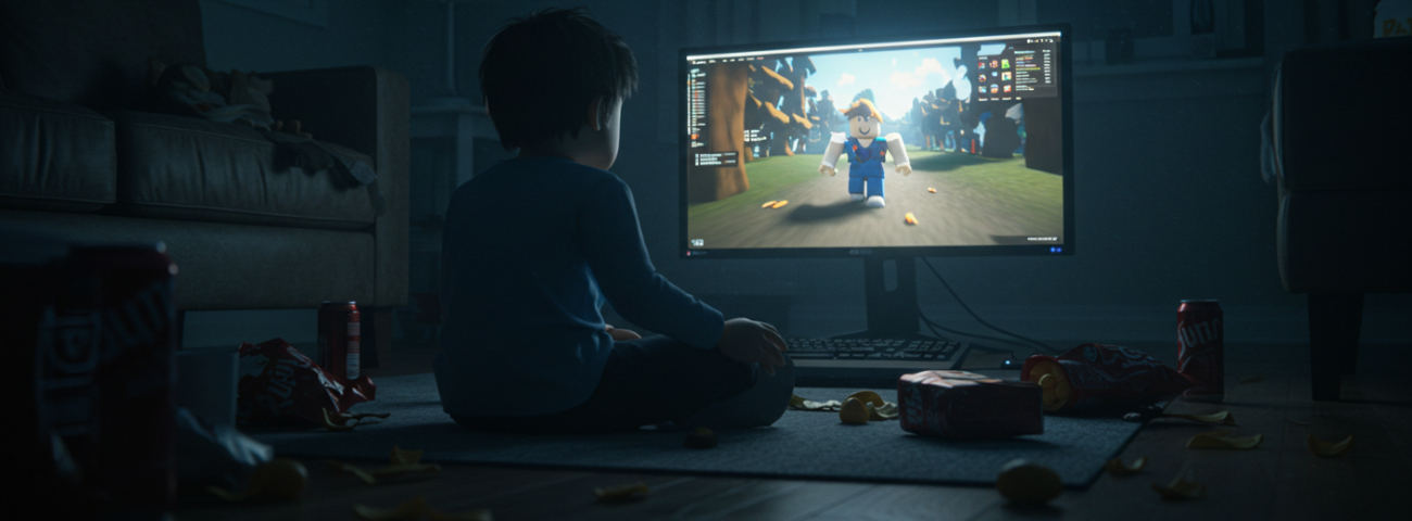 Child sits on the floor playing Roblox on a computer, surrounded by snacks and soda cans.