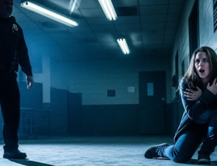 A distressed woman crouches against a hallway wall as a uniformed authority figure approaches, symbolizing institutional sex abuse and abuse of power.