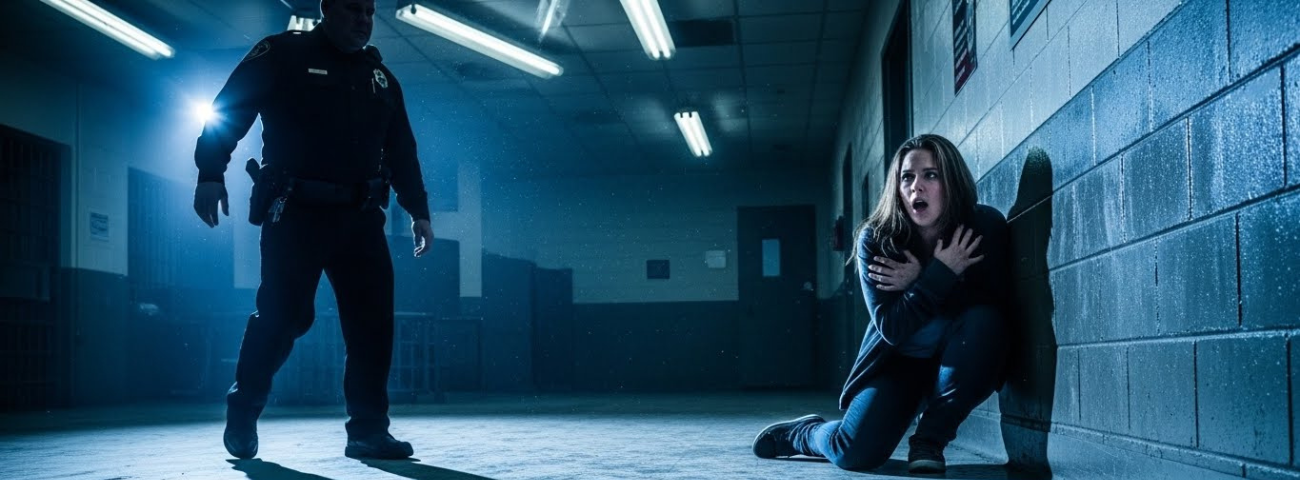 A distressed woman crouches against a hallway wall as a uniformed authority figure approaches, symbolizing institutional sex abuse and abuse of power.