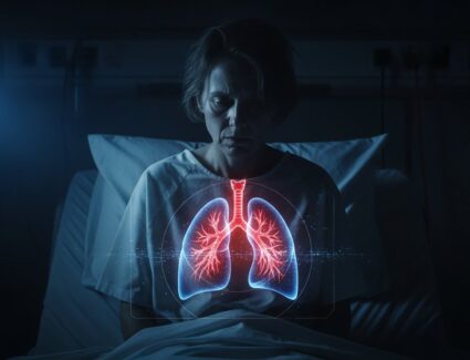 A hospitalized patient sits in bed as a highlighted lung illustration shows asbestos-related damage, symbolizing mesothelioma and the impact of asbestos exposure.