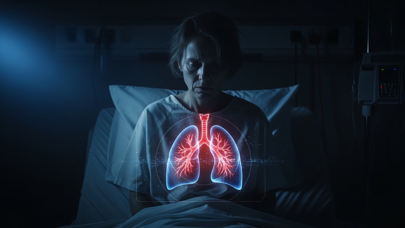 A hospitalized patient sits in bed as a highlighted lung illustration shows asbestos-related damage, symbolizing mesothelioma and the impact of asbestos exposure.