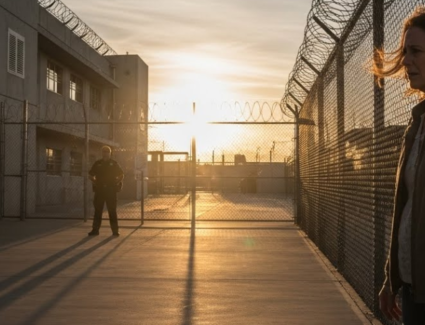 A concerned woman stands outside a secure institutional facility at sunset, symbolizing survivors seeking justice for abuse that occurred inside Illinois institutions.