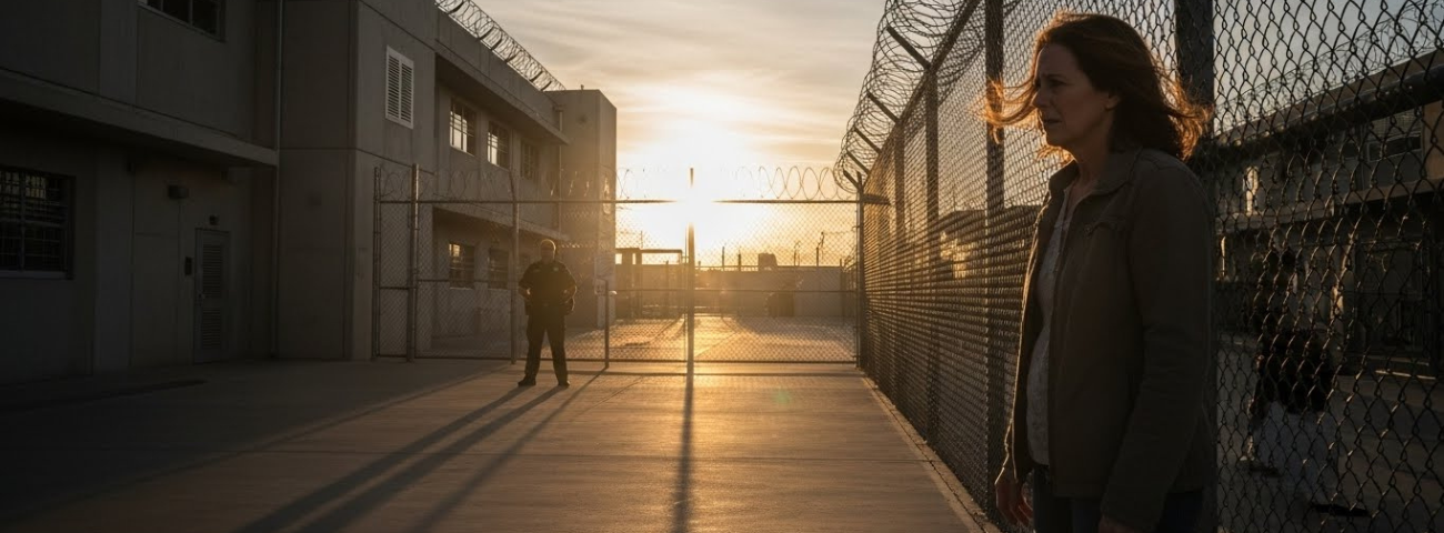 A concerned woman stands outside a secure institutional facility at sunset, symbolizing survivors seeking justice for abuse that occurred inside Illinois institutions.