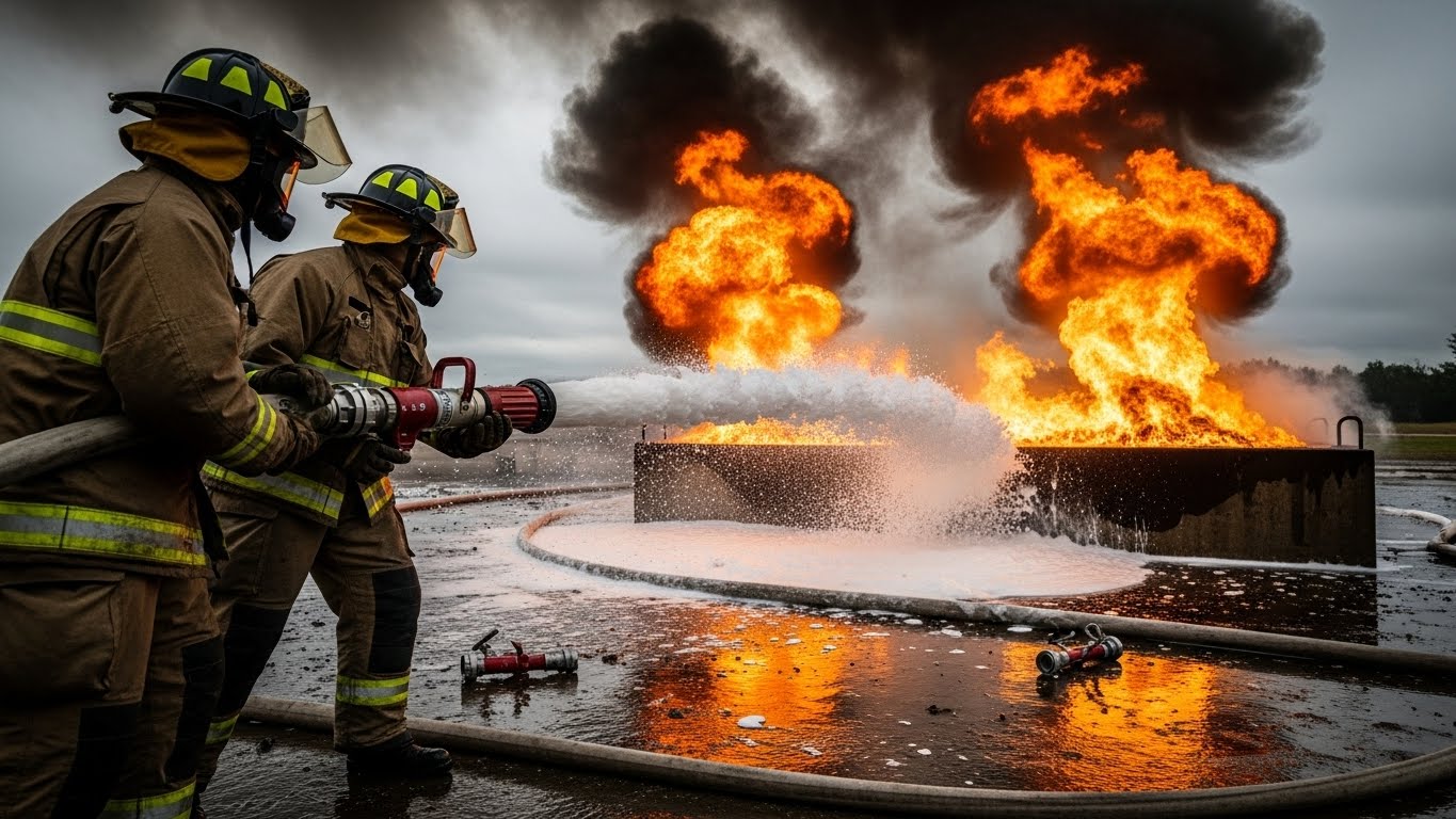 Firefighters using AFFF firefighting foam during a training fire, highlighting PFAS exposure linked to AFFF litigation and corporate accountability claims.