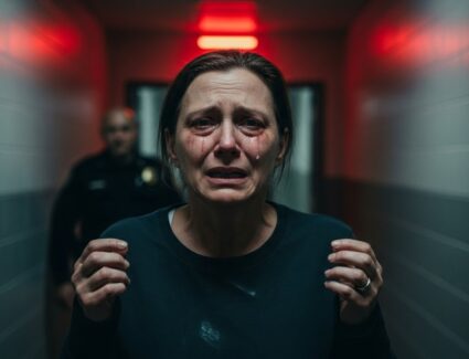 Distressed adult survivor standing in a hallway with a uniformed authority figure blurred in the background, representing institutional sex abuse and failures by schools, churches, and youth programs in California.
