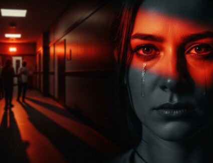 A distressed survivor with tears in her eyes stands in a dimly lit hallway, symbolizing the emotional impact of sexual abuse and the long path toward justice.