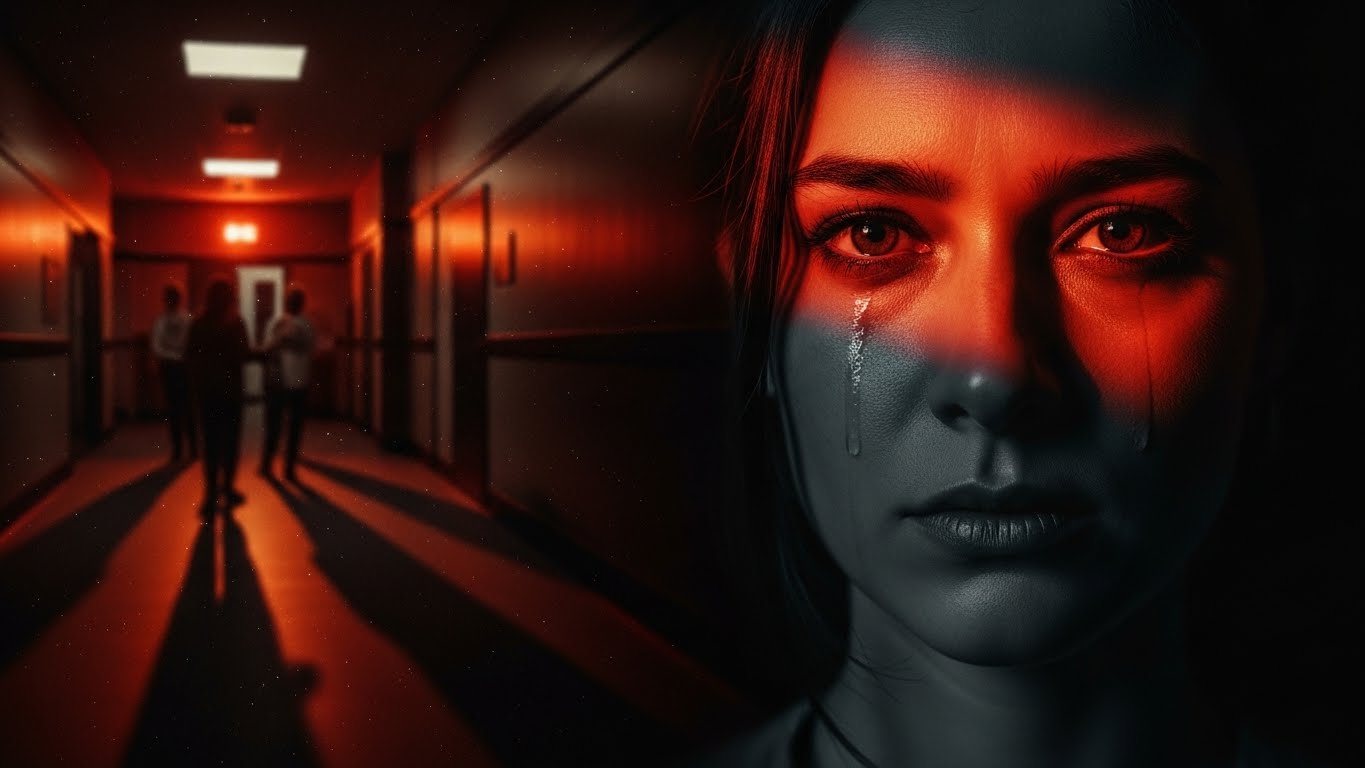 A distressed survivor with tears in her eyes stands in a dimly lit hallway, symbolizing the emotional impact of sexual abuse and the long path toward justice.