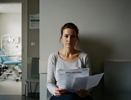 Woman sitting in a medical waiting area holding Depo Provera paperwork, representing patients facing legal challenges related to long-term contraceptive side effects and informed consent issues.