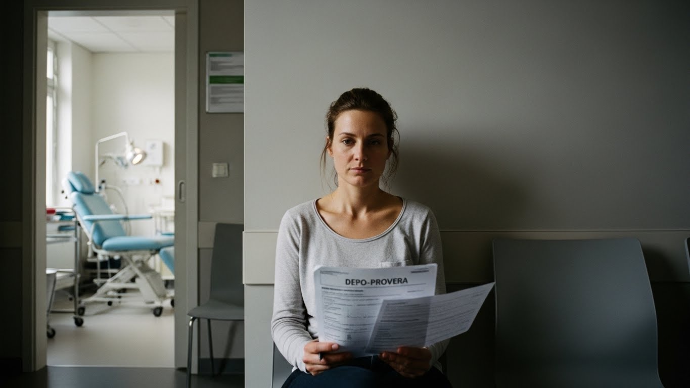 Woman sitting in a medical waiting area holding Depo Provera paperwork, representing patients facing legal challenges related to long-term contraceptive side effects and informed consent issues.