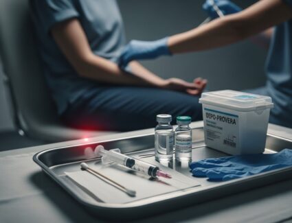 Depo Provera injection tray in a clinical setting, representing informed consent concerns and long-term birth control risk litigation.