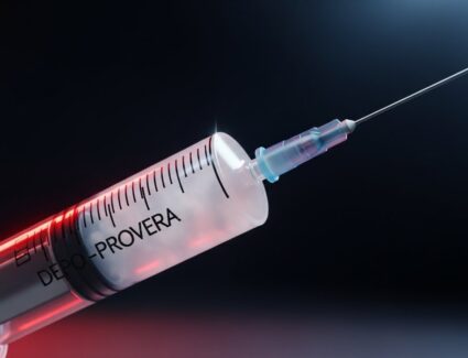 Depo Provera syringe shown against a dark background, representing growing legal scrutiny over long-term contraceptive safety and potential pharmaceutical litigation.