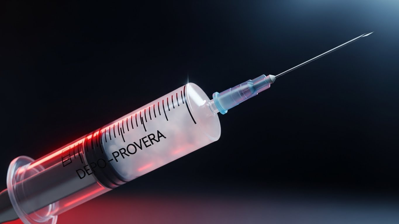 Depo Provera syringe shown against a dark background, representing growing legal scrutiny over long-term contraceptive safety and potential pharmaceutical litigation.