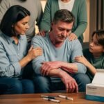 Family supporting a man with visible skin irritation while Dupixent injection pens sit on a table, symbolizing concerns about long-term side effects and FDA safety monitoring.