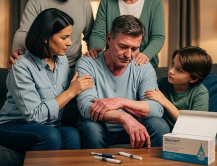 Family supporting a man with visible skin irritation while Dupixent injection pens sit on a table, symbolizing concerns about long-term side effects and FDA safety monitoring.