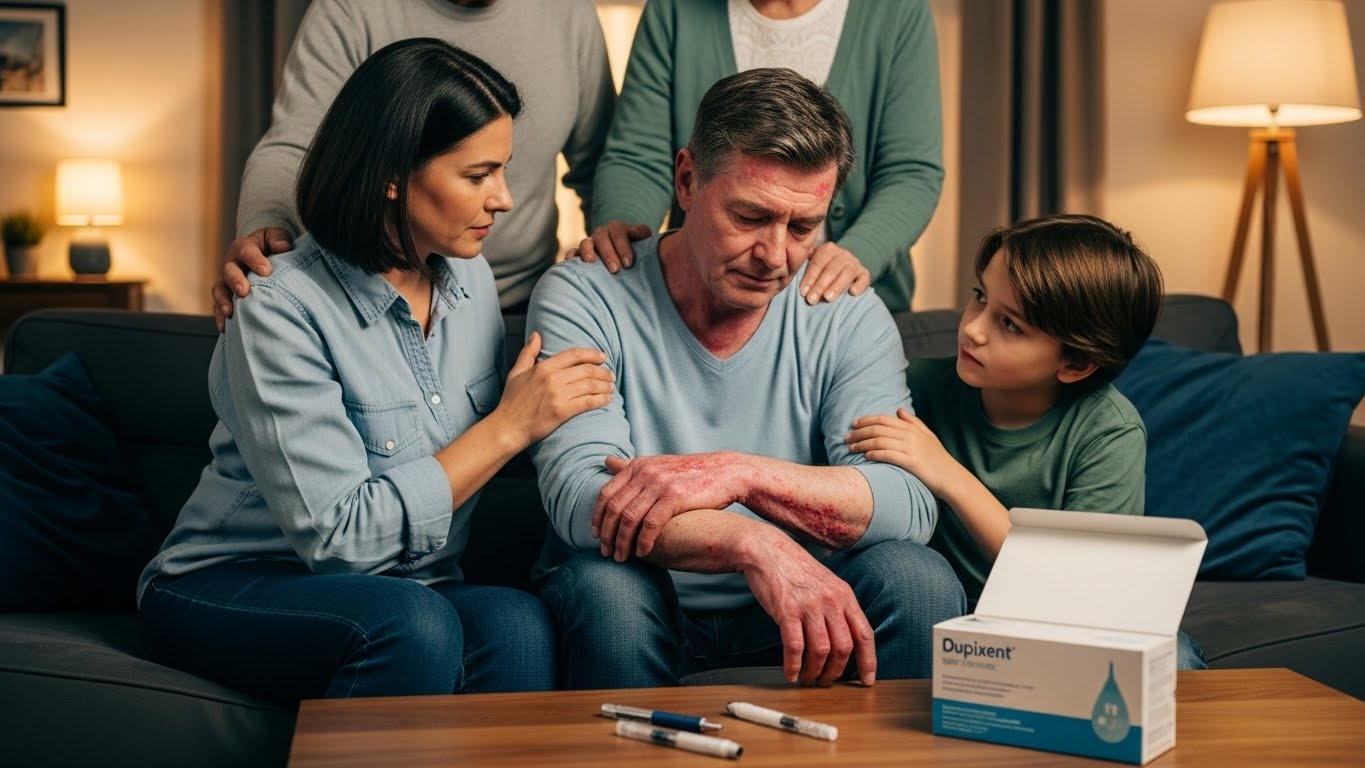Family supporting a man with visible skin irritation while Dupixent injection pens sit on a table, symbolizing concerns about long-term side effects and FDA safety monitoring.