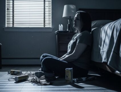 Woman sitting on a bedroom floor holding strands of hair near hair relaxer products, representing emotional distress and health concerns linked to long-term chemical relaxer use.