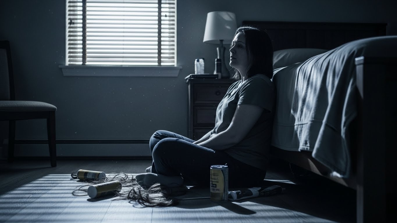 Woman sitting on a bedroom floor holding strands of hair near hair relaxer products, representing emotional distress and health concerns linked to long-term chemical relaxer use.