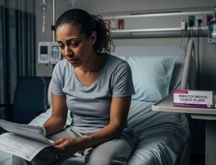 Salon worker sits in a hospital bed reviewing medical documents, highlighting potential health impacts linked to long-term hair relaxer occupational exposure.