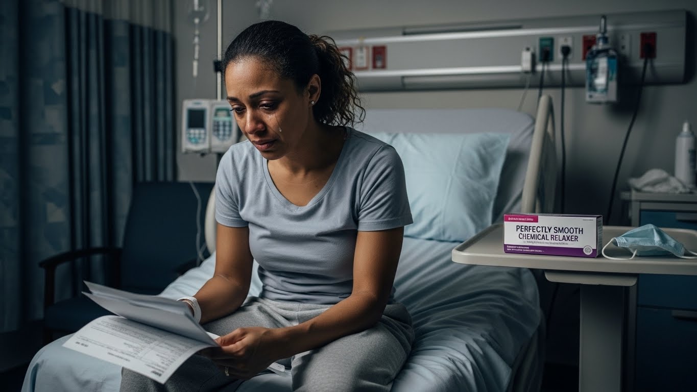 Salon worker sits in a hospital bed reviewing medical documents, highlighting potential health impacts linked to long-term hair relaxer occupational exposure.