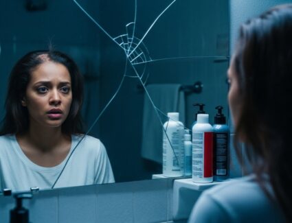 Woman looking at her reflection in a cracked bathroom mirror beside hair relaxer products, symbolizing concerns about inadequate warnings and long-term health risks.