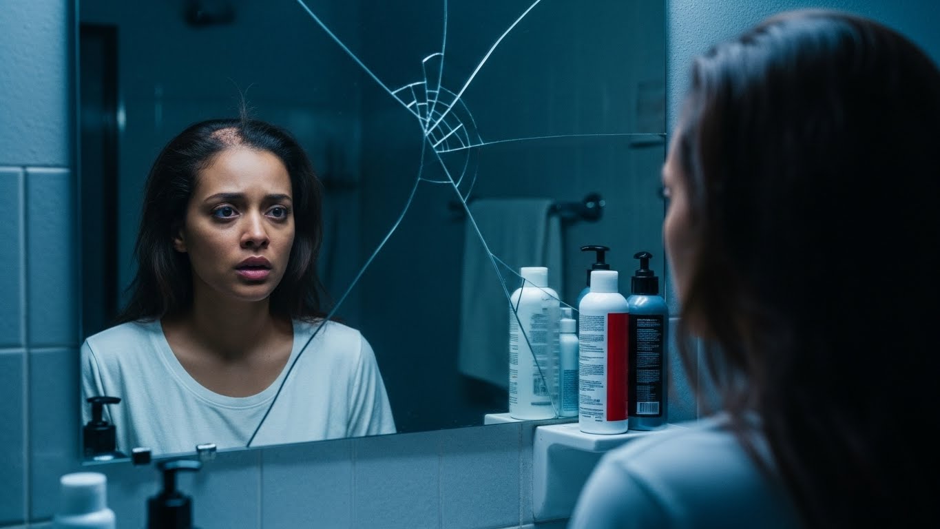 Woman looking at her reflection in a cracked bathroom mirror beside hair relaxer products, symbolizing concerns about inadequate warnings and long-term health risks.