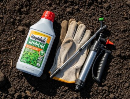A bottle of Roundup herbicide, protective gloves, and a garden sprayer resting on soil, representing long-term glyphosate exposure and its role in Roundup cancer litigation.