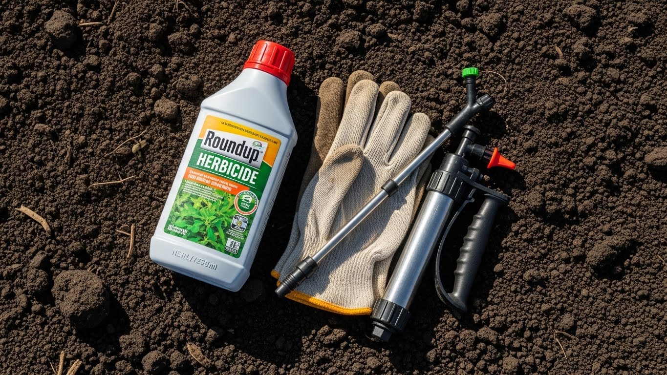 A bottle of Roundup herbicide, protective gloves, and a garden sprayer resting on soil, representing long-term glyphosate exposure and its role in Roundup cancer litigation.
