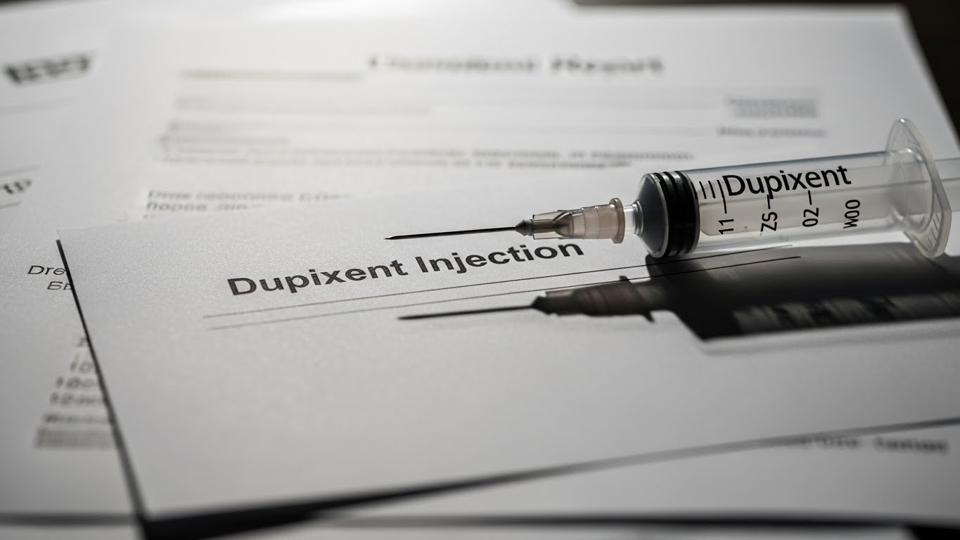 Syringe labeled Dupixent placed on medical documents, symbolizing emerging legal claims and safety concerns related to long-term Dupixent use.