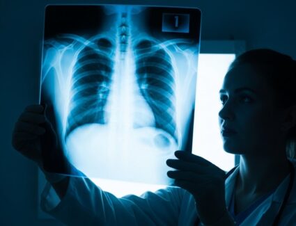 Medical professional examines a chest X-ray highlighting lung damage associated with mesothelioma and past asbestos exposure.