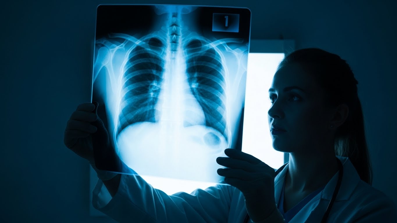Medical professional examines a chest X-ray highlighting lung damage associated with mesothelioma and past asbestos exposure.