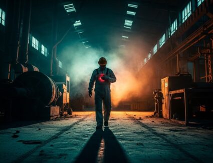 Industrial worker walking through a factory environment symbolizing asbestos exposure and evolving mesothelioma evidence standards in modern litigation.