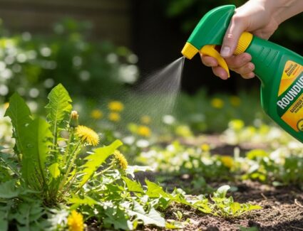 Hand spraying Roundup weed killer on backyard plants, representing non-agricultural glyphosate exposure linked to Roundup lawsuits by homeowners and gardeners.