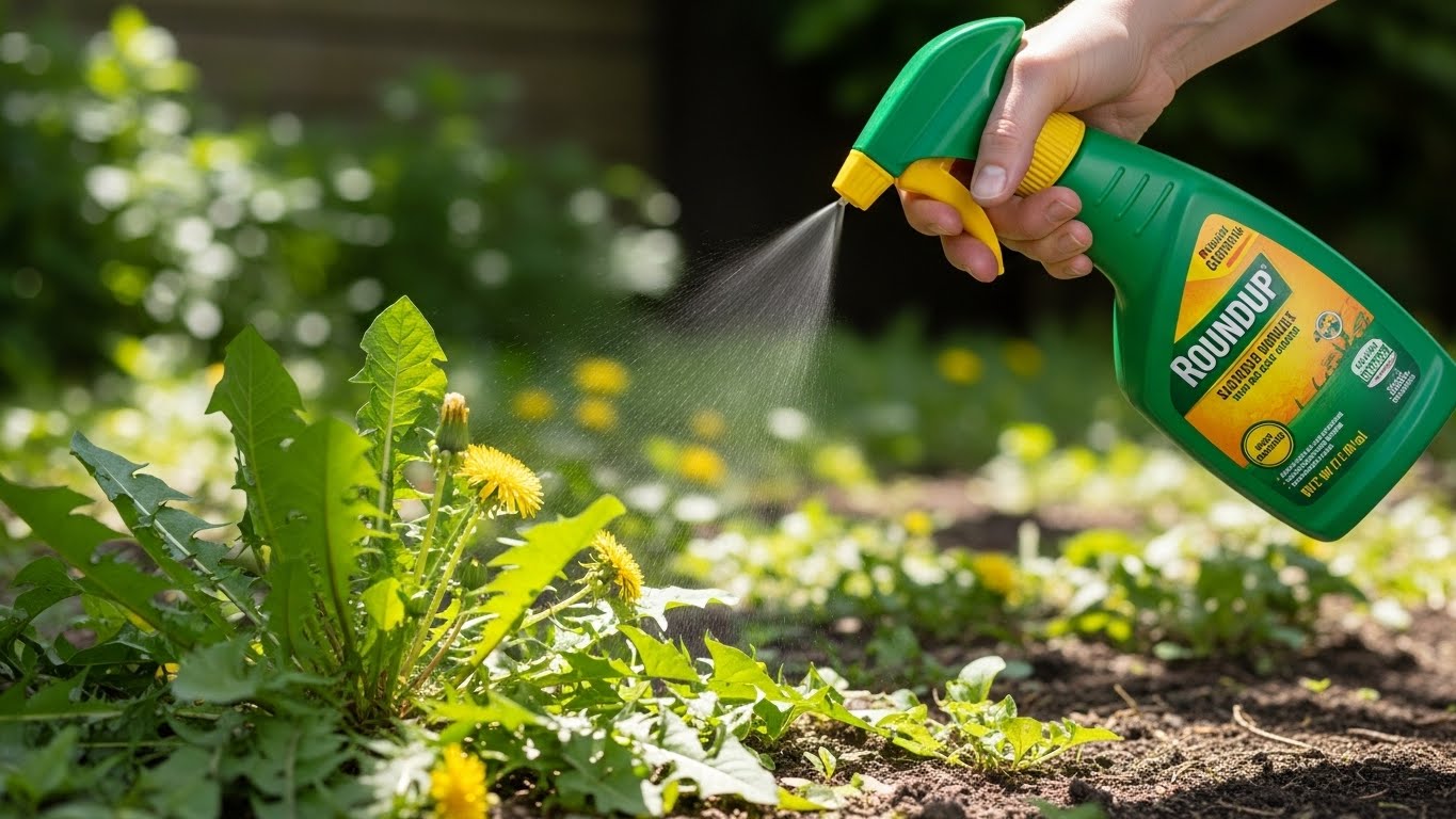 Hand spraying Roundup weed killer on backyard plants, representing non-agricultural glyphosate exposure linked to Roundup lawsuits by homeowners and gardeners.