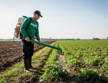 Agricultural worker applies herbicide to crops in a farm field, representing long-term Roundup exposure linked to future lawsuit claims.