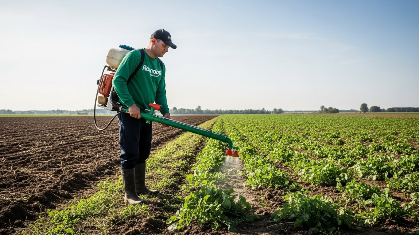 Agricultural worker applies herbicide to crops in a farm field, representing long-term Roundup exposure linked to future lawsuit claims.