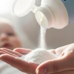Talcum powder being poured into an adult’s hand with an infant in the background, symbolizing health concerns and legal claims tied to talc exposure.