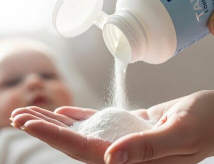 Talcum powder being poured into an adult’s hand with an infant in the background, symbolizing health concerns and legal claims tied to talc exposure.