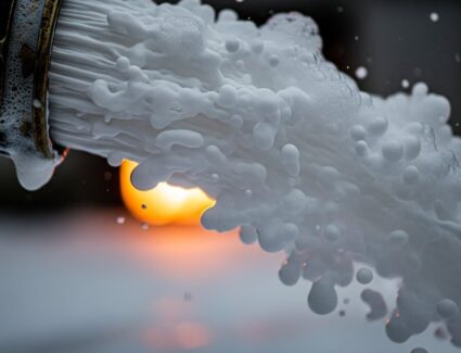 Firefighting foam (AFFF) spraying from a hose, illustrating PFAS chemical exposure linked to growing PFAS litigation and AFFF lawsuits.