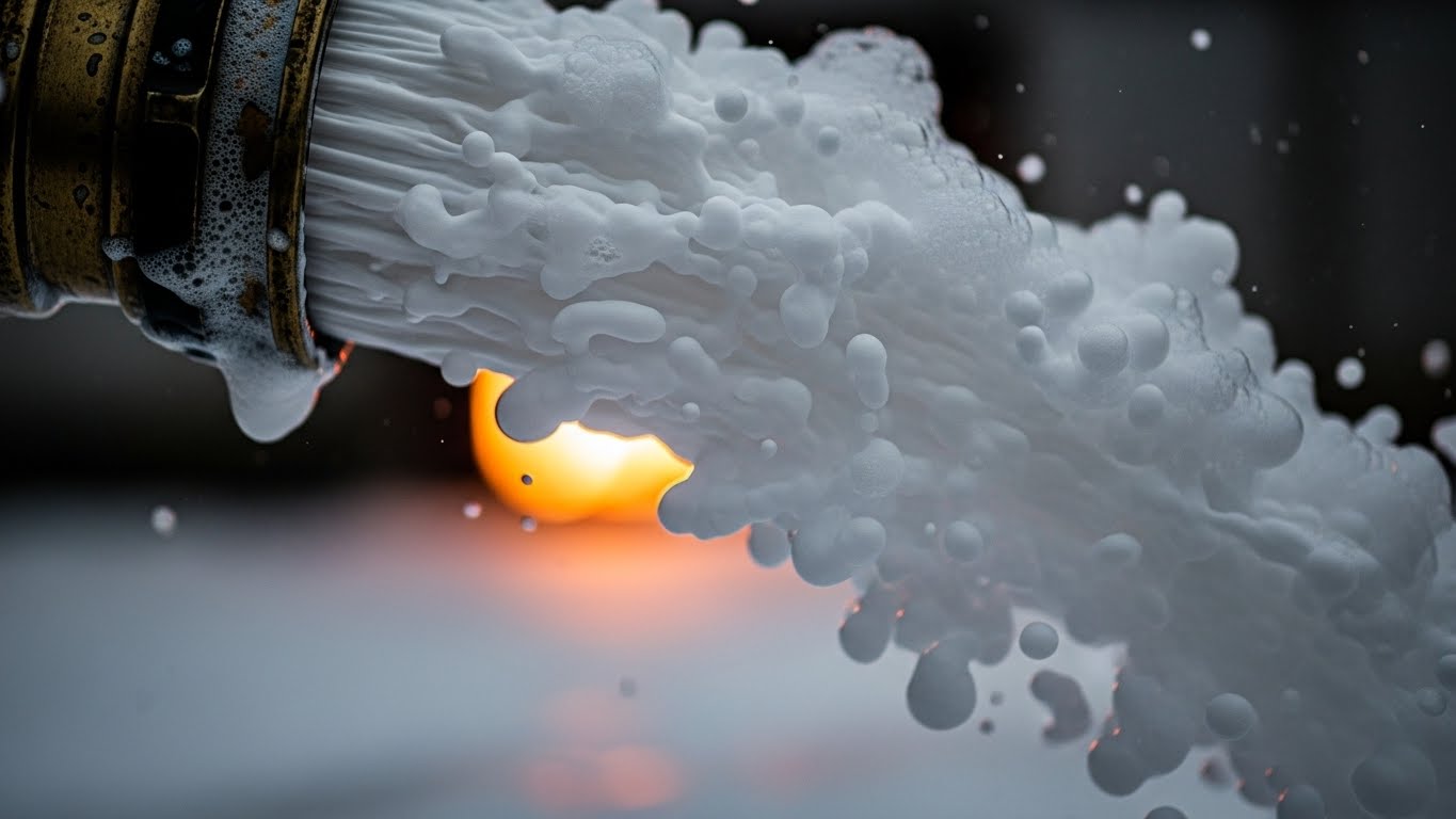 Firefighting foam (AFFF) spraying from a hose, illustrating PFAS chemical exposure linked to growing PFAS litigation and AFFF lawsuits.