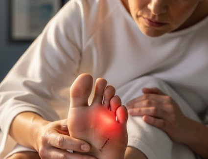 Patient examining painful big toe after Cartiva implant surgery, illustrating potential implant failure and chronic joint pain.