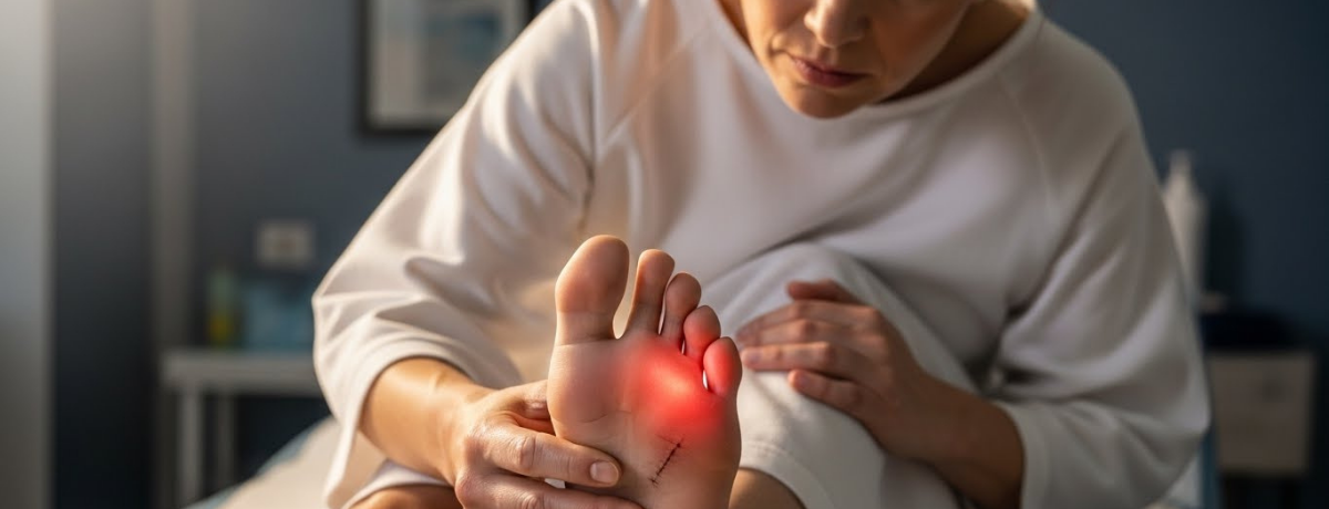 Patient examining painful big toe after Cartiva implant surgery, illustrating potential implant failure and chronic joint pain.