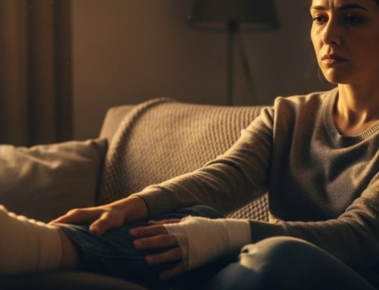 Woman sitting at home with bandaged foot after Cartiva implant surgery, experiencing chronic pain and limited mobility.