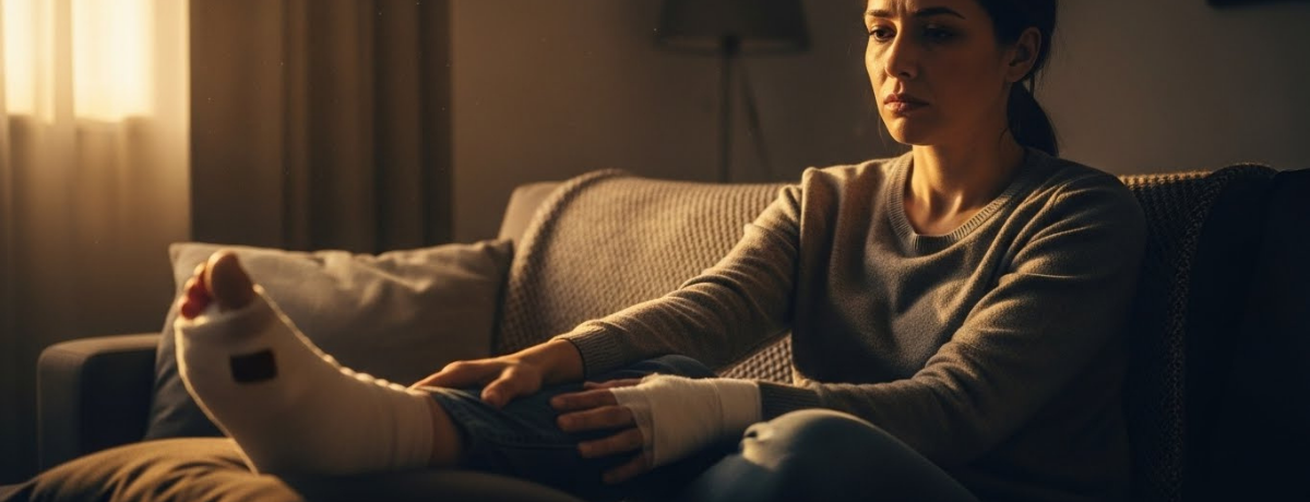 Woman sitting at home with bandaged foot after Cartiva implant surgery, experiencing chronic pain and limited mobility.