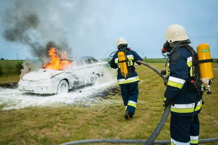 AFFF MDL: firefighters spraying foam on a burning vehicle, faces not visible