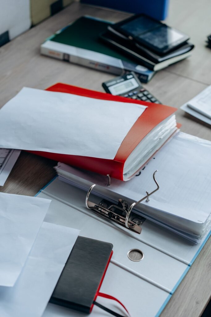 Chlorpyrifos claims: tidy office desk with binders and papers ready for a case review