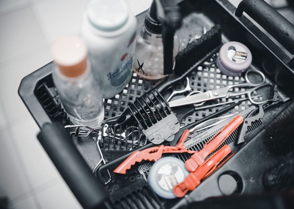 FDA formaldehyde ban: scissors, combs and hairpins arranged on a tray in a hair salon